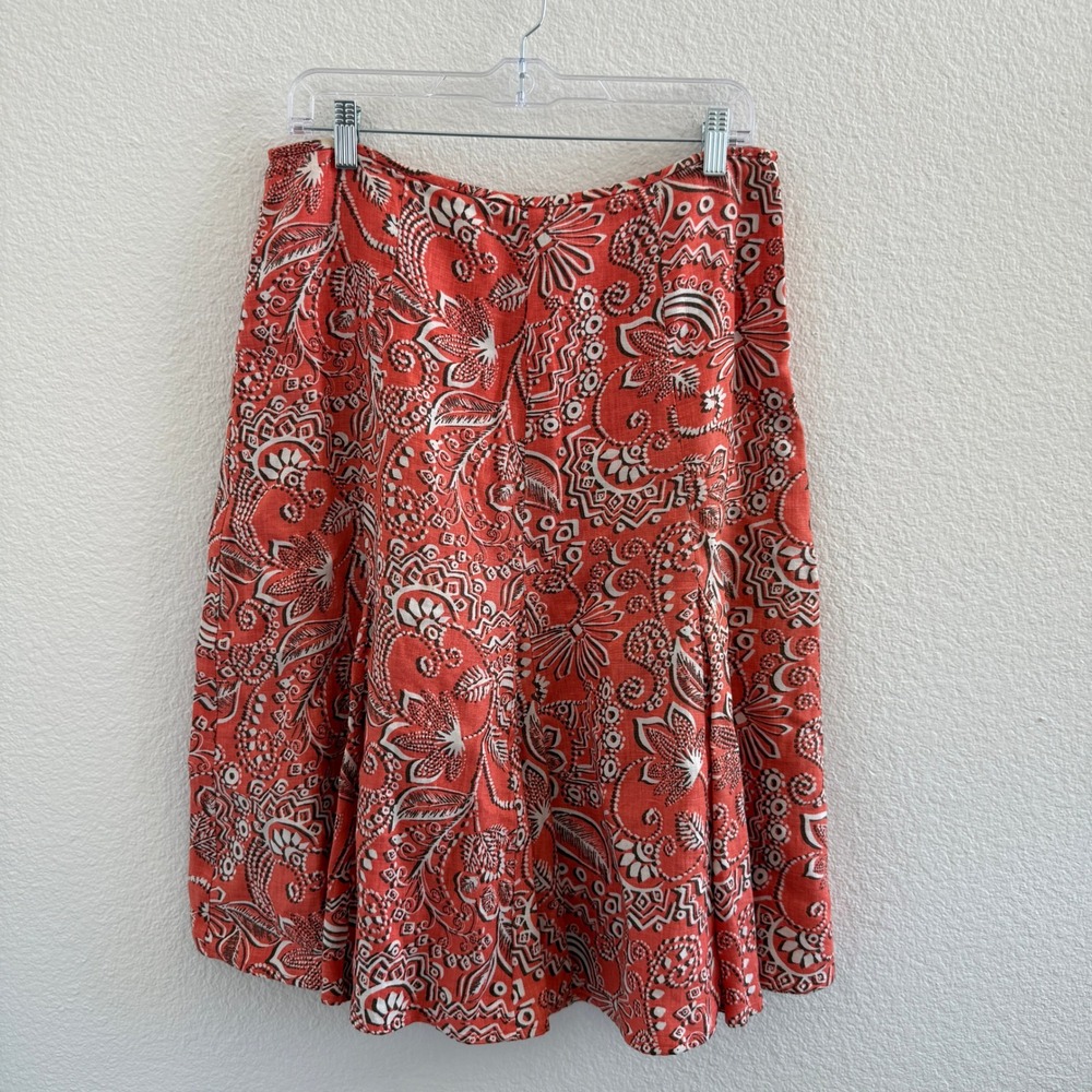 Rafaella Vintage 100% Linen Paisley Print A-Line Skirt Orange White Size 10